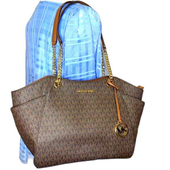 Michael Kors Jet Set Large Travel Chain Shoulder Tote Signature Brown - Picture 2 of 16